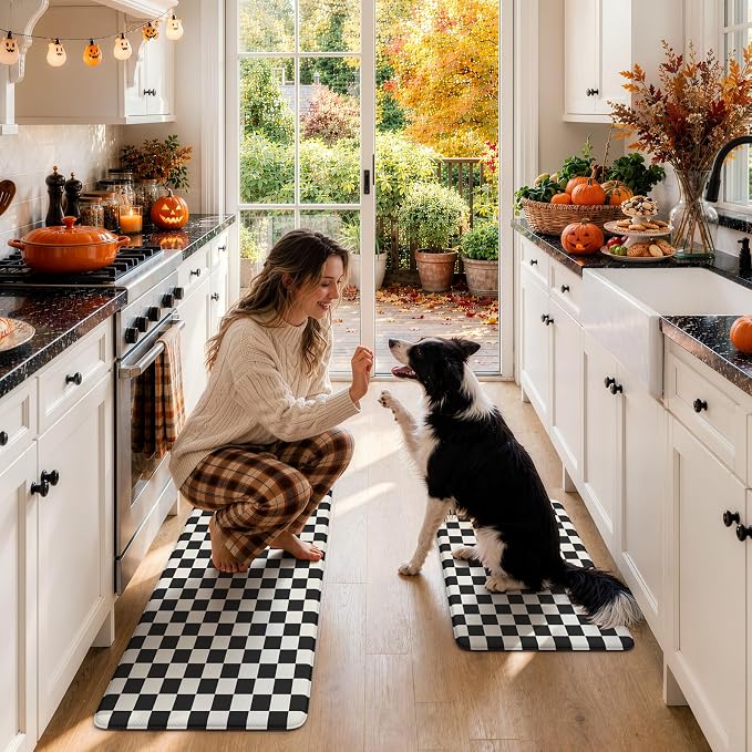 KIMODE Anti Fatigue Kitchen Mat for Floor,Black and White Plaid Kitchen Rug | Farmhouse Kitchen Rugs Sets of 2,Cushioned Kitchen Floor Mats,Non Slip Standing Desk Mat for Sink Laundry 20"x47"+20"x32"
