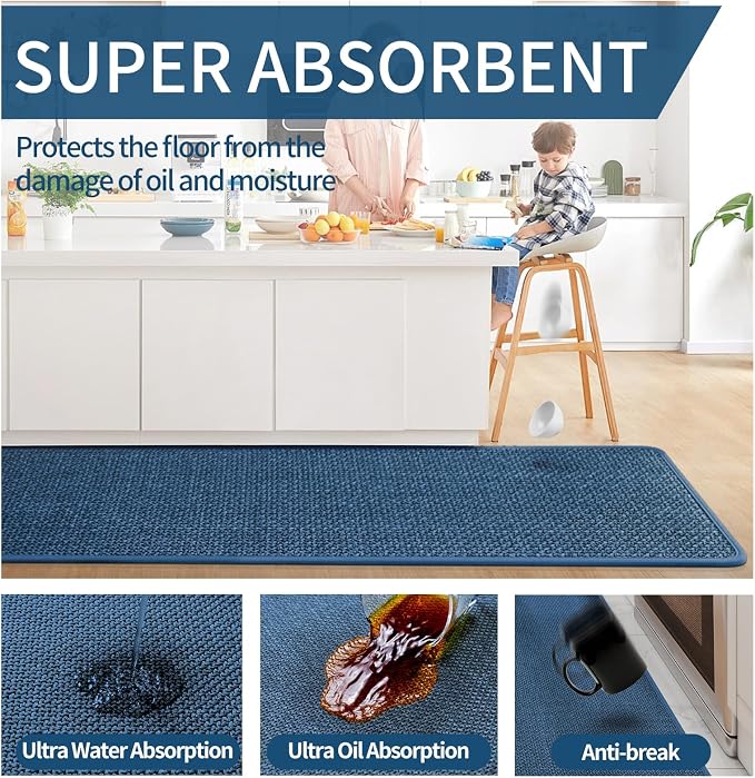 YDKGL Kitchen Mats for Floor, Super Absorbent Kitchen Rugs Non Slip Washable, Soft Imitation Linen Braided Runner Rug, Standing Mat Kitchen Sink Mat, Easy to Clean, Blue 17x71