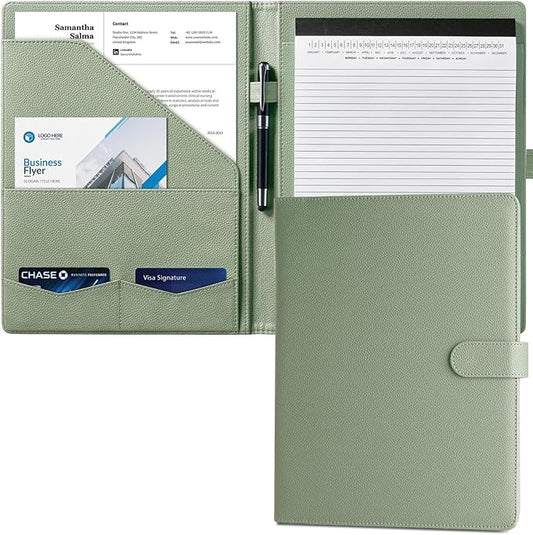 Mymazn Padfolio Portfolio Folder, Faux Leather Interview Resume Folder with Document Organizer & Business Card Holder, Letter-Sized Notepad Legal Pad Holder for Men Women (Sage Green)