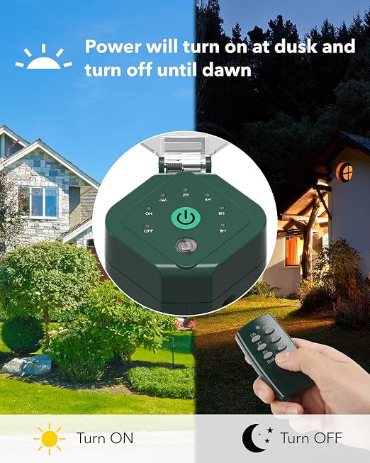 HBN Outdoor Power Strip Timer with Photocell Remote Control,Yard Stake Countdown (2,4,6,8 Hour),Weatherproof Outside Timer Dusk to Dawn for Halloween/Christmas Lights,6 Outlets,6ft Cord