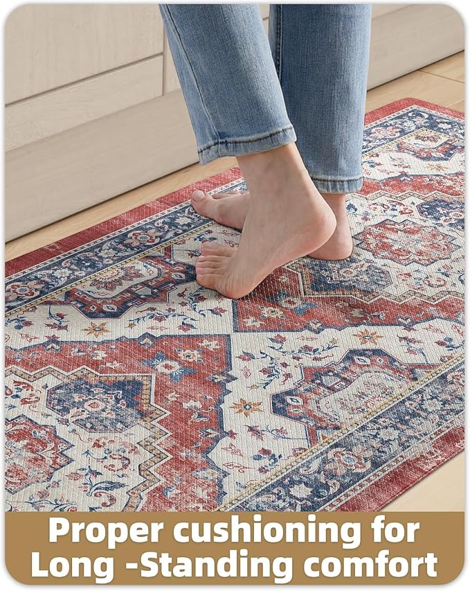 Color&Geometry Kitchen Mat for Floor 24x87 Faded Vintage Anti Fatigue, Red | 0.4in Cushion Standing Mat For Cooking/Working/Laundry, Boho Decor, Non Slip PVC Kitchen Rug, Oil/Water Proof, Anti Slip