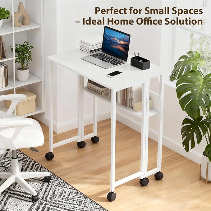 Garvee Folding Desk Small Rolling Desk with Storage Shelf,24.8 Inch Foldable Computer Table for Small Spaces, Space Saving Sofa Table with Wheels for Home Office, Study, Easy Assembly, White