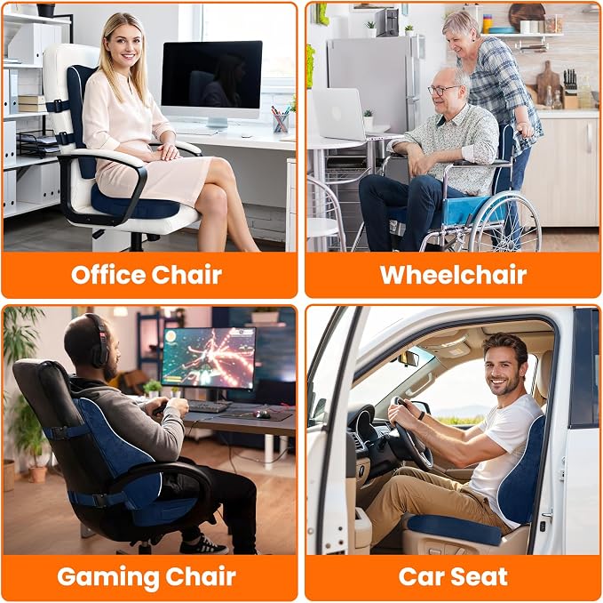 CloudBliss Lumbar Support Pillow, Memory Foam for Office Chair, Blue | Ergonomic High-Density Memory Foam, Adjustable Straps, Washable Mesh Cover, Lower Back Support for Office, Gaming & Car Seat