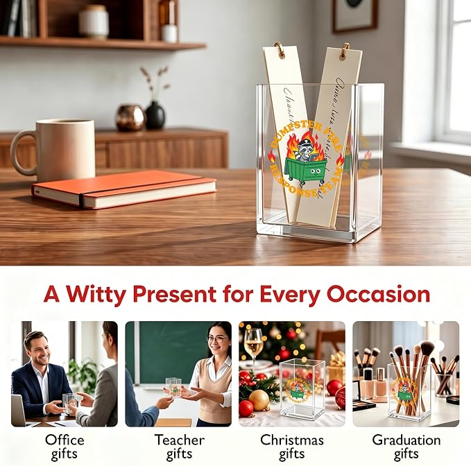 Funny Raccoon Dumpster Fire Office Acrylic Cosmetic Pen Pencil Holder Cup, Dumpster Fire Response Team Humor Pencil Organizer, Unique Desk Accessories, Motivational Gifts for Women Men（A41）