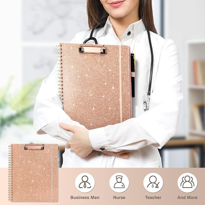 Ospelelf Clipboard with Storage Spiral Clipboard Folio for Letter Size,Organizer Folder with Zipper Pouch and 5 Dividers,Leather Portfolio for Office, School Rose Gold