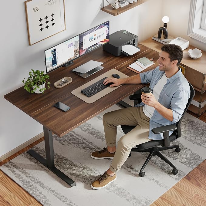 Klicelor 48 x 28 Electric Standing Desk, Sit Stand Up Home Office Desk, Height Adjustable Deep Cumputer Table with Memory Presets and Hooks, Two Pieces, Dark Walnut
