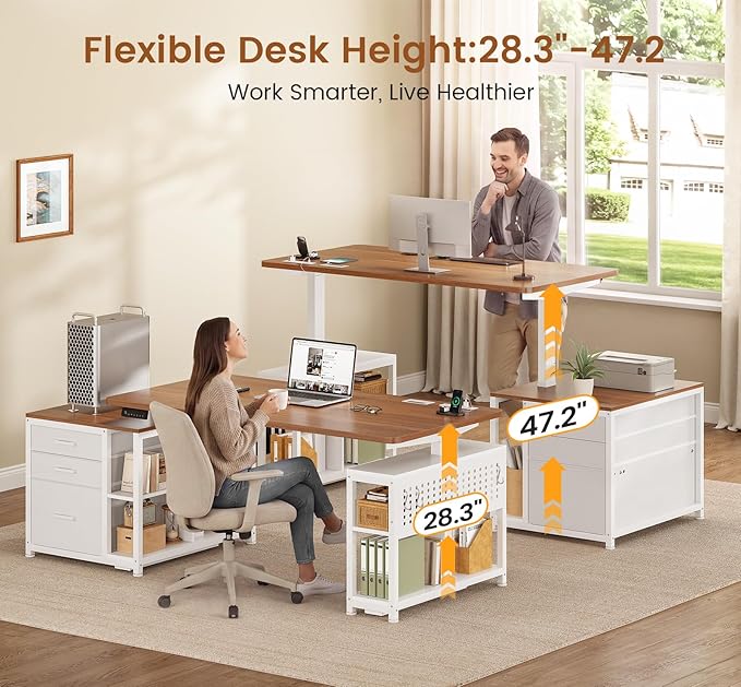 SEDETA Electric Standing Desk with 3 Fabric Drawers, 61" Height Adjustable Office Executive Desk with Storage Drawers, Stand up Computer Desk with Power Outlet for Home Office, White and Brown
