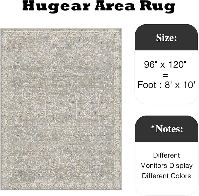 HUGEAR Area Rug 8x10 Retro Grey Machine Washable Living Room Rugs Distressed Vintage Floral Vacuumable Low Pile Carpet Bedroom Office Dining Room Laundry Room Non Slip Soft Lightweight