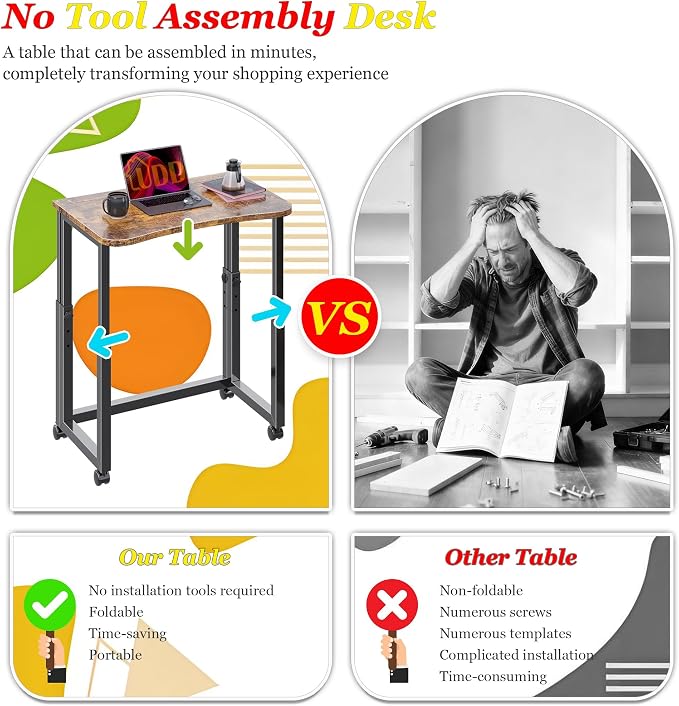 UDD No Tools Assembly Folding Desk, 23.6" Mobile Computer Desks with Wheels, Foldable Writing Fold Table, Portable Collapsible Work Craft Tables for Small Space Home Office Bedroom, Rustic Brown Black