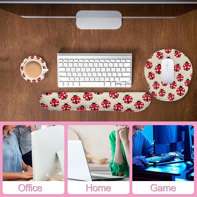 Cute Ladybug Mouse Pad with Wrist Rest Set, 3-in-1 Wrist Support Mousepad Set, Gaming Mat Pad with Anti-Skid Base,Ergonomic Memory Foam Mouse Pad Set for Women, Office, Typing, Gaming