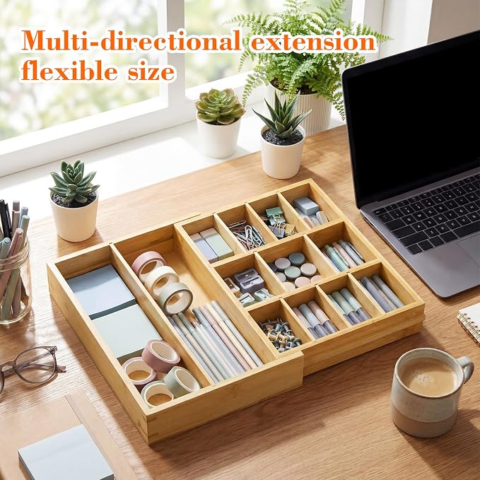 Bamboo Sliding Desk Drawer Organizer 9'' up to 17.9'' x 12'' x 2.2'' Expandable Office Desk Accessories Supplies Tray with 11 Compartments for Pens, Notebooks, Rulers, and Makeup Jewelry Vanity