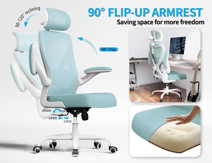 Ergonomic Office Chair: Mesh Desk Chair Comfy with Headrest& Lumbar Support | Ergalithic Big and Tall Office Chairs with Wheels & Flip-Up Arms-Computer Gaming Chairs for Adults Home Office(Lake Blue)