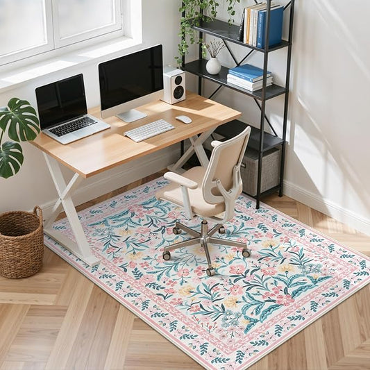 Anidaroel 48"x60" Office Chair Mat for Hardwood Floor/Tile Floor, Anti-Slip Floral Desk Mat for Chair,Boho Desk Rug for Office, Low Pile Office Rugs for Rolling Chairs, Blush Pink Floor Protector Rug