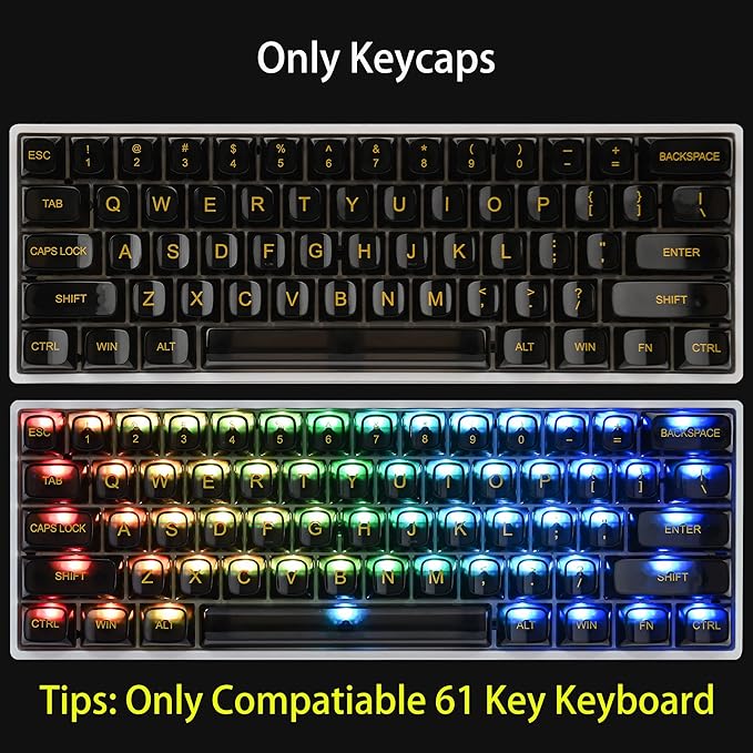 Fogruaden 61 Keys Black Clear Keycap Set, OSA Profile Transparent PC Material Keycaps, Only Compatiable 61 Key Mechanical Keyboard, Keycap 60 Percent