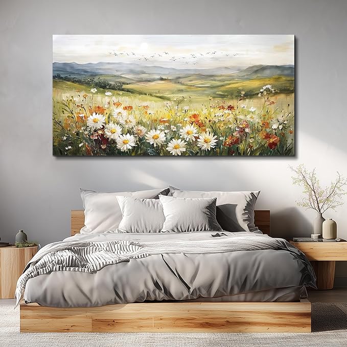FUHAIHUA Large Framed Wall Decor For Living Room Canvas Wall Art For Office Farmhouse Wall Decorations For Bedroom Prairie Flowers Landscape Paintings Modern Pictures Artwork Home Decor 24" x 48"