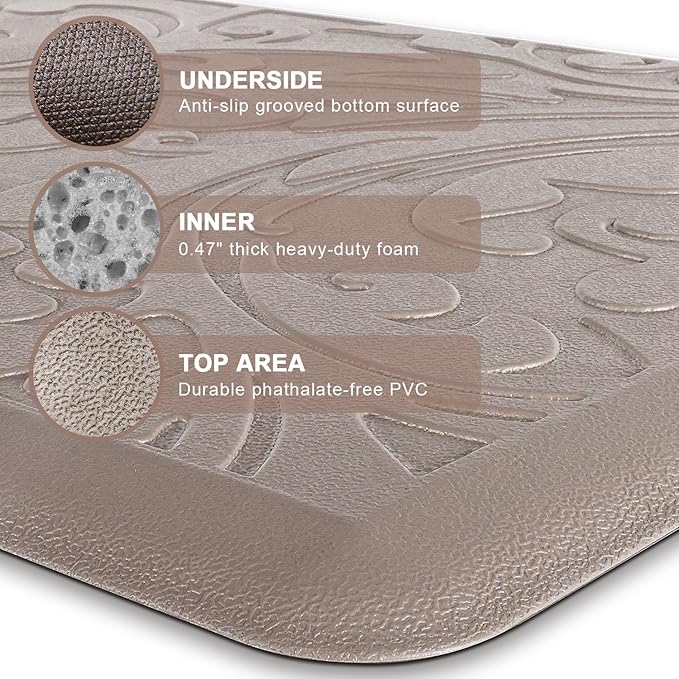 KMAT Kitchen Mat Cushioned Anti-Fatigue Floor Mat Waterproof Non-Slip Standing Mat Ergonomic Comfort Floor Mat Rug for Home,Office,Sink,Laundry,Desk 30"(L) x 20"(W),Khaki