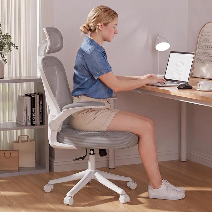 SeekFancy Ergonomic Office Chair M903, Computer Desk Chair | High Back Mesh Office Chair with Adjustable Lumbar Support, Headrest, Flip-Up Armrests, Wheels, 330LBS Capacity, White Grey