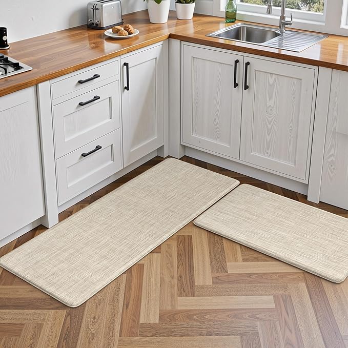 Collive Kitchen Mats for Floor 2PCS, Cushioned Anti Fatigue Rugs Non Slip Waterproof Kitchen Sink Mat, Memory Foam Comfort Standing Mats for Desk, Office, Home Decor, 20" x 47" + 20" x 32", Beige