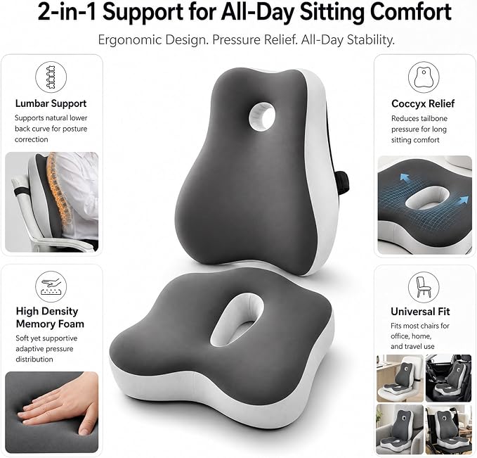 Ergonomic Memory Foam Seat Cushion & Lumbar Support Pillow Set, Coccyx Cushion for Tailbone Pressure Relief, Sciatica Relief & Lower Back Support, Office Chair, Gaming Chair, Car Seat, Wheelchair