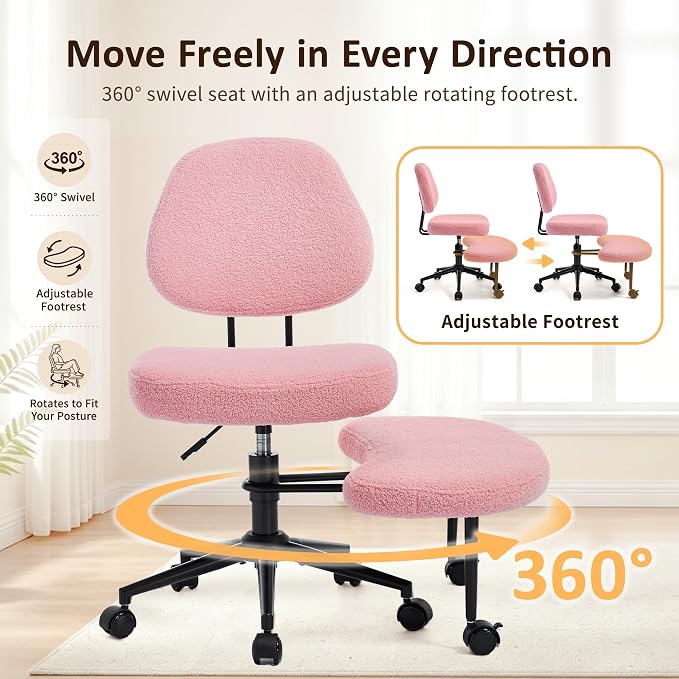 Criss Cross Chair Armless Office Chair for Cross Legged Sitting, 300lb Heavy Duty Ergonomic Desk Chair for ADHD, Adjustable Meditation Yoga Kneeling Chair with Brake Wheels for Home Office (Pink)