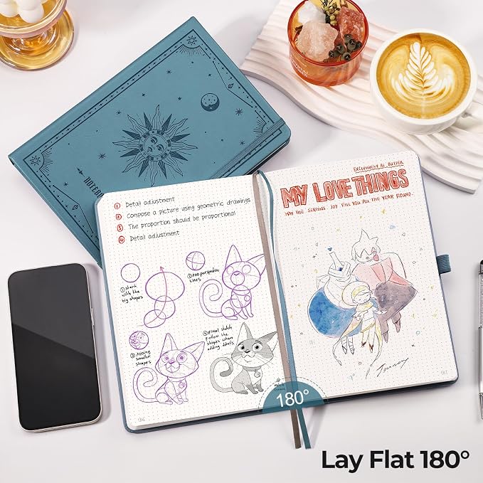 EMSHOI Dotted Journal Notebook, 320 Pages, A5 Small 5.75"x8.38", PU Leather Hardcover, 100 GSM Thick Paper, 5mm Dot Grid Notebook for Journaling, Planning, Drawing, Writing, Light Blue