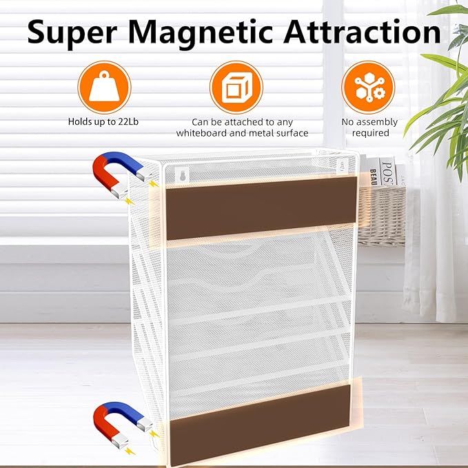 6 Tier Magnetic File Holder with Hook, Magnetic File Organizer Folder Holder, Wall File Organizer, Hanging Magnetic Paper Holder for File Cabinets, Office, Whiteboard, Magnetic Mail Holder