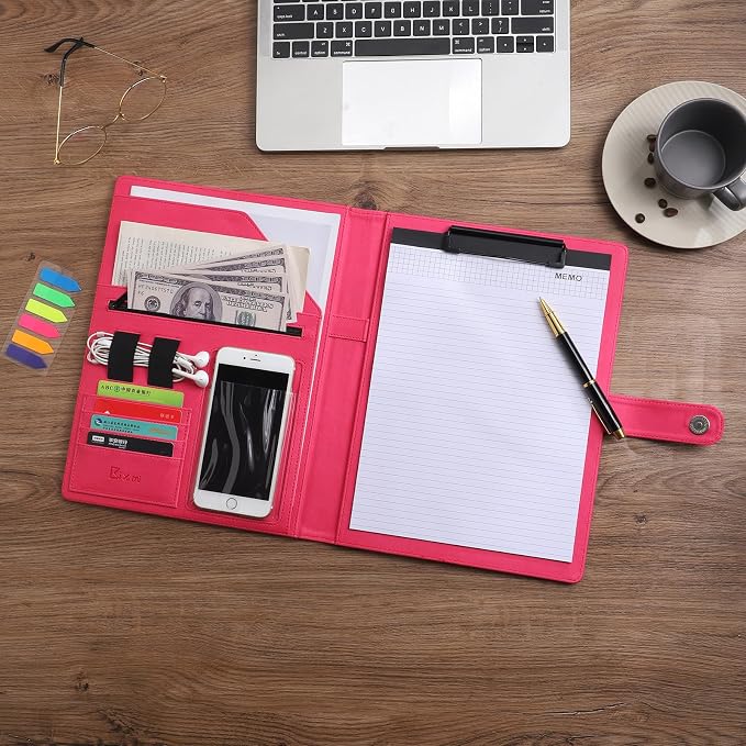 12.8 * 9.6 inch Portfolio Case Business Padfolio, Smart Phone is Usable in Document Organizer, Conference File Folder with A4/Letter Size Clipboard and Notepad - Hot Pink