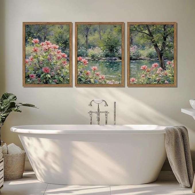 Framed Monet Wall Art Set of 3, Impressionist Botanical Floral Canvas Wall Decor, Vintage Cottagecore Artwork Paintings, Nature Landscape Flowers Prints Pictures for Living Room Bedroom 12x16 Inch