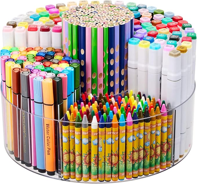 Acrylic Pen Marker Organizer for Desk, 360-Degree Rotating Pencil Holder Crayon Art Supplies Storage Organizer, 6 Slots Clear Large Capcaity Spinning Caddy for Home Office School Kids