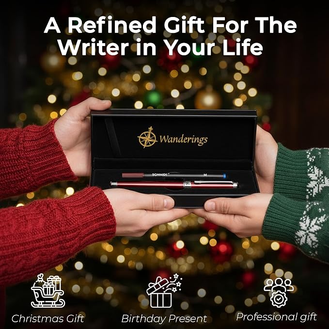 WANDERINGS Premium Rollerball Pen with German Ink – Perfectly Balanced for a Superb Writing Experience, Chrome Accents – Winefire Red - Includes a Schmidt Refill in a Giftable Presentation Case