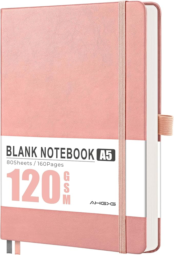 AHGXG Blank Journal Notebook, 160 Pages, A5 Medium Size (5.7'' x 8.3''), 120 GSM Thick Paper, Leather Hardcover, for Sketching, Drawing, Painting (Pink)