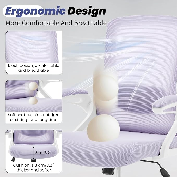 Executive Office Chair with Adjustable Lumbar Support Flip-Up Arms,Lavender | Desk Chair Breathable Mesh Comfy Computer Chairs with Flip-up Armrests Executive Task Chair for Adults Home Office,400lbs