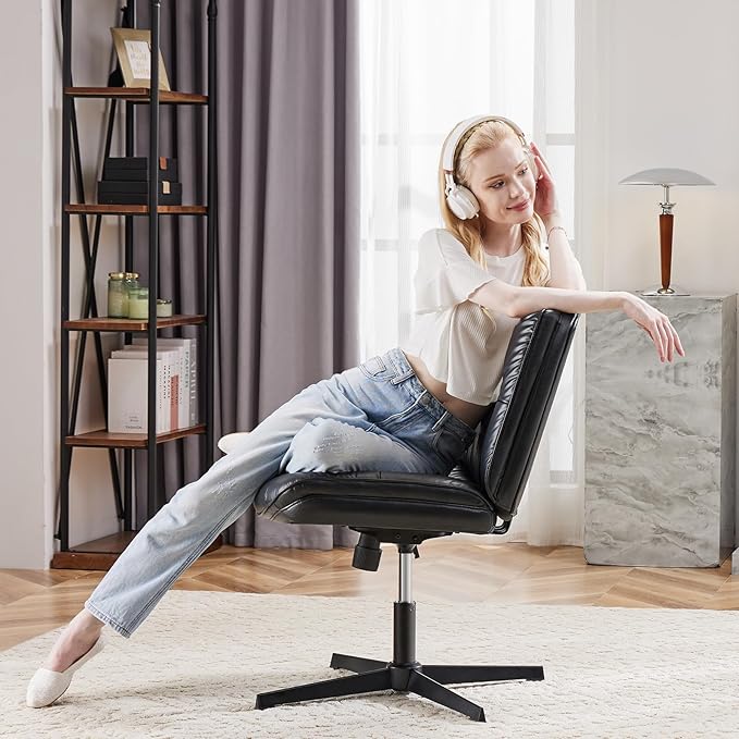 Sweetcrispy Armless-Office Desk Chair Without Wheels, Cross Legged Wide Chair, PU Leather Comfortable Adjustable Swivel Computer Task Chairs for Home,Office,Make Up,Small Space,Bed Room Black