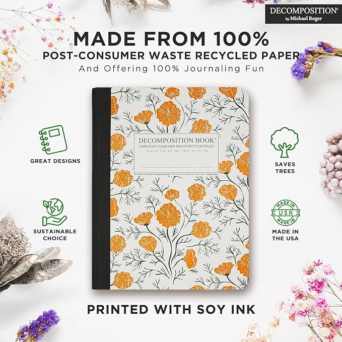 Decomposition California Poppies College Ruled Composition Notebook - 9.75 x 7.5 Journal with 160 Lined Pages - Cute Notebooks for School Supplies, Home & Office - 100% Recycled Paper - Made in USA