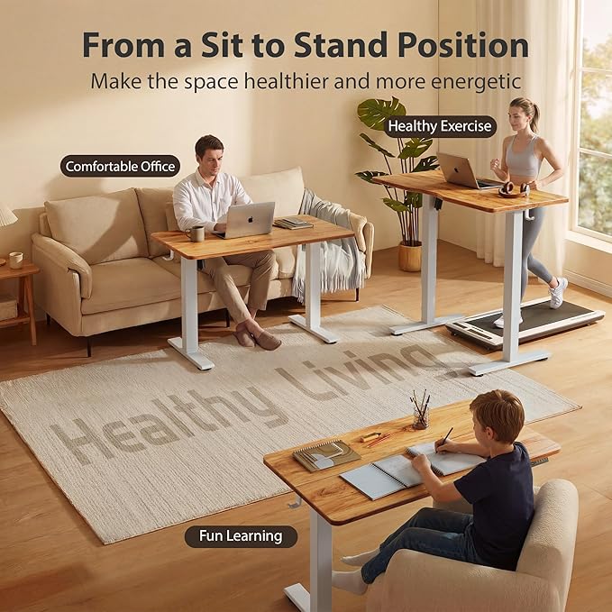 Cubiker Standing Desk, 48x24 Inches Sit Stand Home Office Desk, Electric Stand up Desk, Adjustable Desk with Splice Board, White Frame/Light Rustic Top