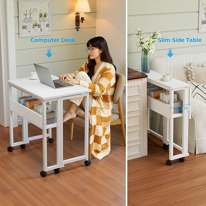 GreenForest Folding Desk with Wheels and Storage Shelf, 24.8 Inch Compact Portable Rolling Desk for Small Spaces, Mobile Foldable Computer Table, Easy Assembly, Pure White