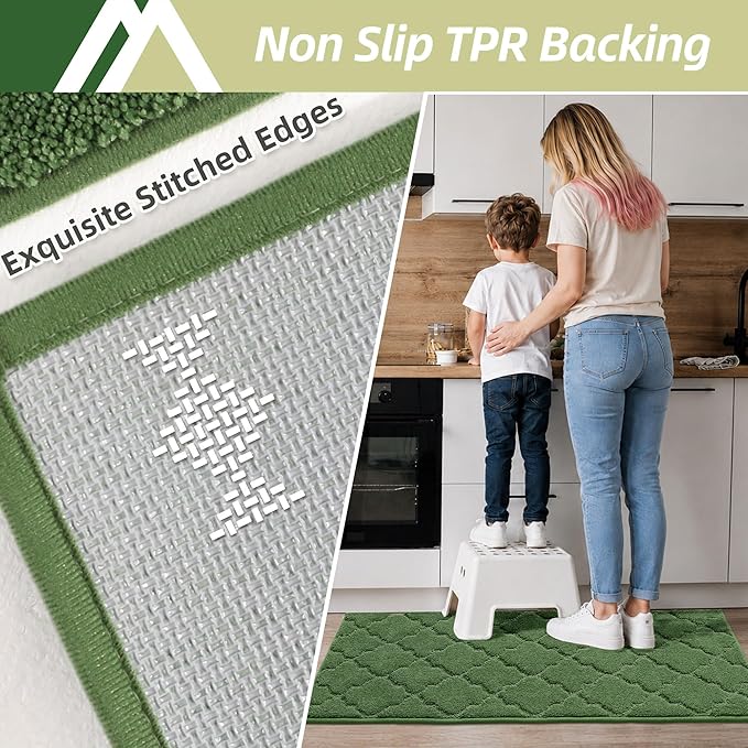 COSY HOMEER Kitchen Rugs 20"x48" Non-Slip Absorbent Soft Kitchen Runner Rug Polyester Kitchen Mats for Floor Washable Kitchens Standing Floor Mat for Sink Mat,Hallway,Laundry,Green