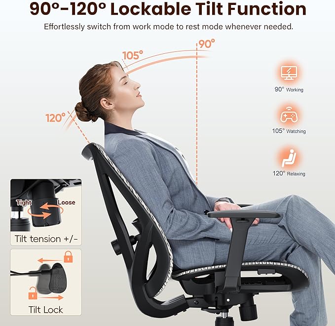 Ergonomic Office Chair, Mesh Computer Desk Chairs with Adjustable Lumbar Support, 3D Armrest, Tilt Function, Comfy Wide Seat, Executive Work Task Chair for Company & Home, Gaming Chair (Grey)