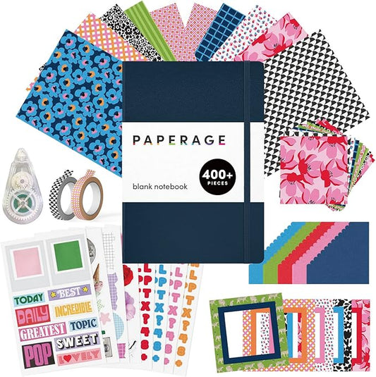 PAPERAGE Junk Journal & Scrapbook Kit, Hardcover Blank Journal Notebook, 20 Patterned Papers, 8 Sticker Sheets, 20 Die-Cut Shapes, 2 Washi Tapes & Tape Roller, Creative Journaling Supplies - Navy