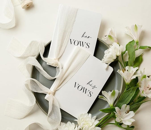 Modern Album Designs White Vow Books with Ribbons (Set of 2) - 5.625 x 4 Minimalist Pocket Sized Wedding Ceremony Vow Renewal Speech, Gift for Bride To Be & Newly Engaged Couple, 48 Lined Pages