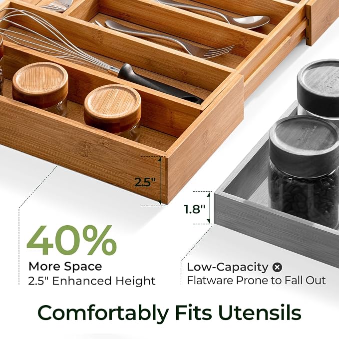 keechee Carbonized Large Bamboo Kitchen Drawer Organizer, 12 Slots Expandable Silverware Organizer, Utensil Holder & Cutlery Tray, 2.5" Deep for Extra Capacity, Non-Slip Feet Included
