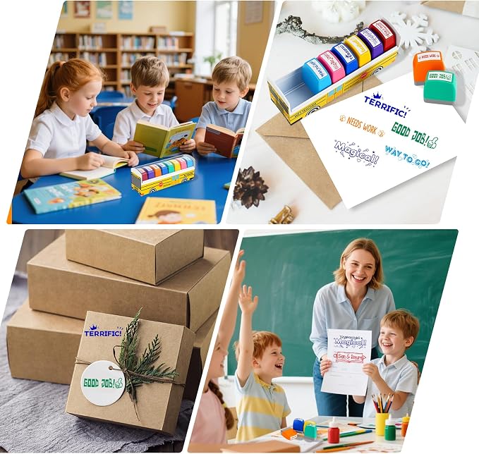 Teacher Stamps for Grading, Teacher Appreciation Gifts, School Bus Self Inking Teacher Stamps Set for Classroom, Back to School Supplies, Motivational Reward Stamps with Sign Return Good Job (8 Pcs)