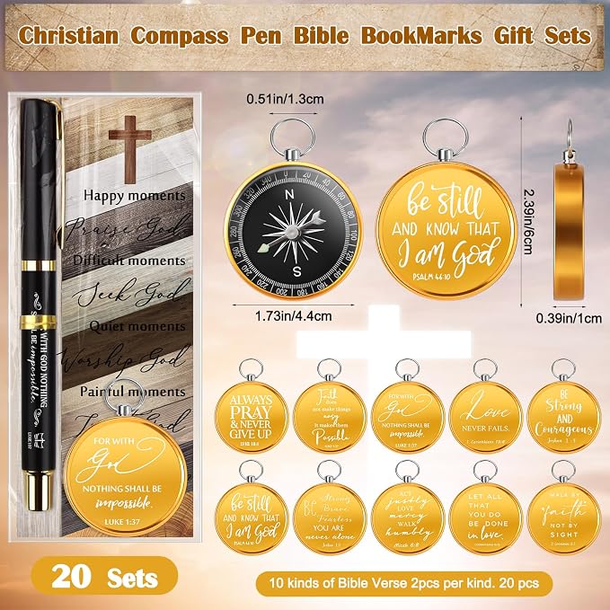 Spakon Christian Gifts for Men Religious Baptism Church Inspirational Bible Verse Engraved Compass Bamboo Pen Bookmark Christian Gifts for Pastor Father Sunday School Father's Day