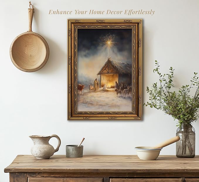 Vintage Nativity Scene Gold Framed Wall Art Birth of Jesus Christmas Christian Painting Canvas Prints Mary Joseph Holy Family Picture Star of Bethlehem Poster Artwork for Church Prayer Room, 16x24in