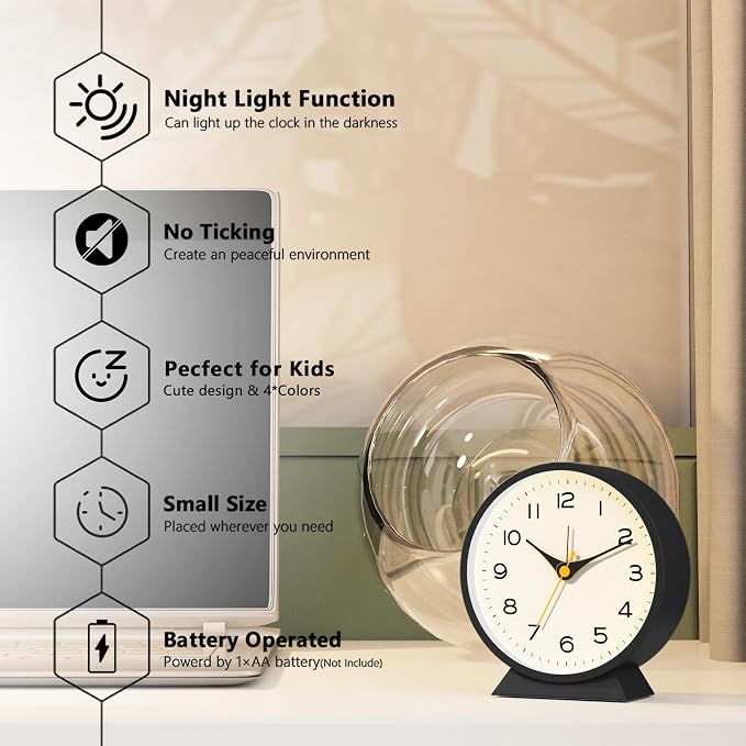 AYRELY® 4.5" Analog Alarm Clock, Small Retro Desk Clock and Table Clock | Battery Operated, Silent Metal Table Clock with Light for Living Room Decor, Bedroom, Bedside and Shelf (Black)