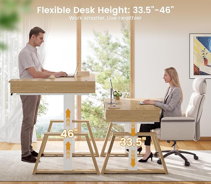 SEDETA 59 Inch L Shaped Electric Standing Desk with Drawers, Executive Adjustable Desk with Power Outlets, Sit Stand Computer Table for Home Office, Oak