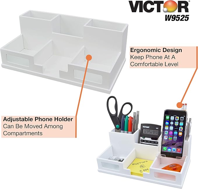 Victor W9525 Pure White Desk Organizer with Smart Phone Holder™