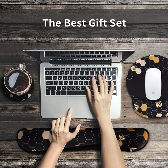 iCasso Desk Mat, Gaming Mouse Pad Wrist Support Set,4in1 XXL Large Mousepad + Keyboard Wrist Rest+Mouse Wrist Rest+Coaster Set with Ergonomic Design for Home Office Table Computer-Honeycomb