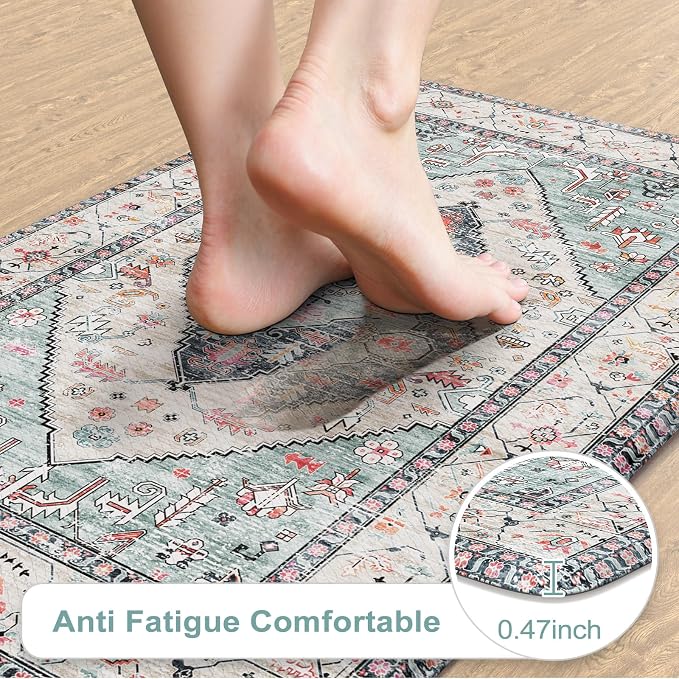 KIMODE Anti Fatigue Kitchen Mats, Boho Distressed Kitchen Rugs 20"x59"+20"x32", Non Slip Waterproof Kitchen Floor Mats, Comfort Foam Mats for Kitchen Floor Sink Laundry Office Desk Blue