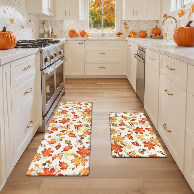 SHACOS Fall Anti Fatigue Kitchen Mats Orange Maple & Acorn 17x27.5+17x47 | Autumn Harvest Cushioned Kitchen Rugs Set of 2 Beige Non Slip Kitchen Floor Mat Ergonomic Standing Mats